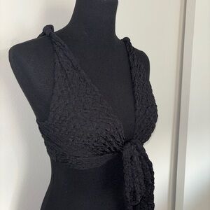 Black Textured Tie-Front Crop Top